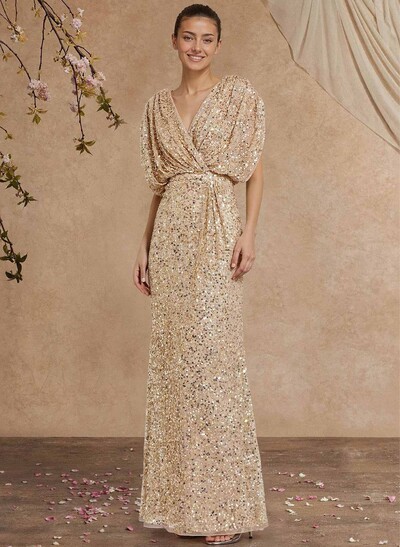 Sheath/Column V-Neck Sleeveless Floor-Length Sequined Mother Of The Bride Dresses