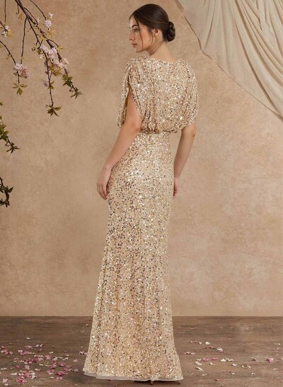 Sheath/Column V-Neck Sleeveless Floor-Length Sequined Mother Of The Bride Dresses