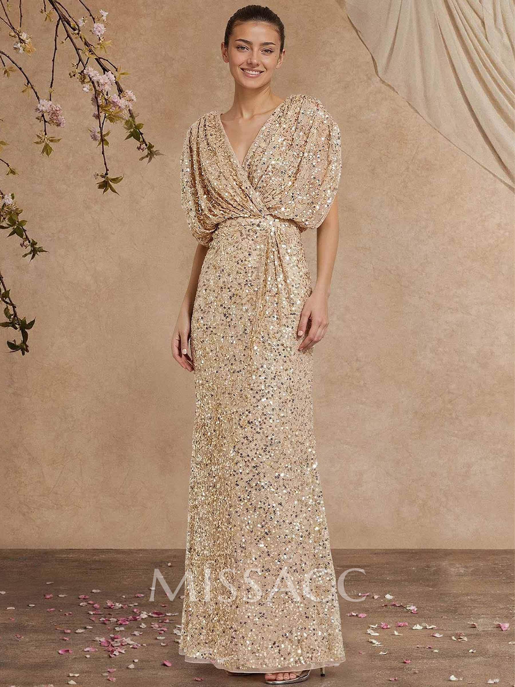 Sheath/Column V-Neck Sleeveless Floor-Length Sequined Mother Of The Bride Dresses