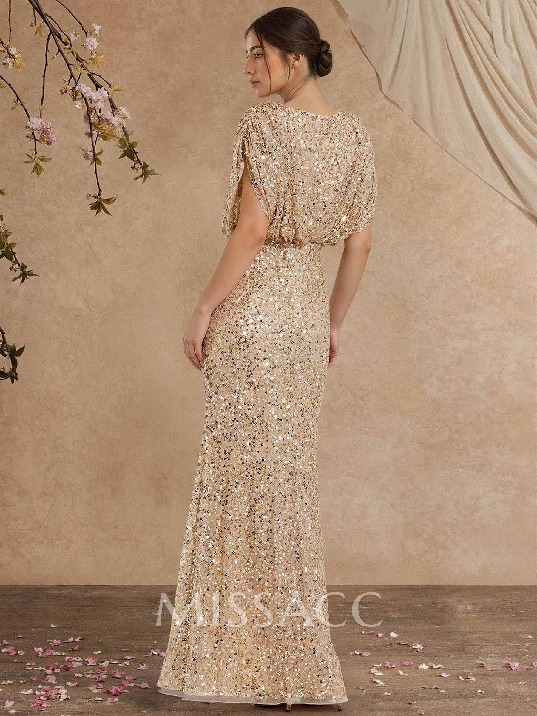 Sheath/Column V-Neck Sleeveless Floor-Length Sequined Mother Of The Bride Dresses