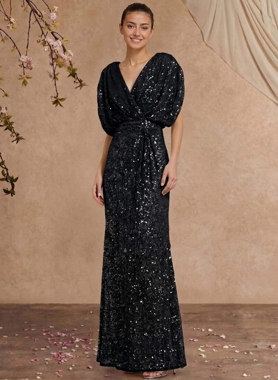 Sheath/Column V-Neck Sleeveless Floor-Length Sequined Mother Of The Bride Dresses