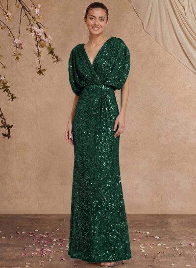 Sheath/Column V-Neck Sleeveless Floor-Length Sequined Mother Of The Bride Dresses