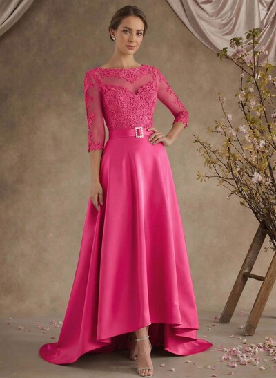 A-Line Illusion Neck 3/4 Sleeves Asymmetrical Mother Of The Bride Dresses With Appliques Lace/Sash