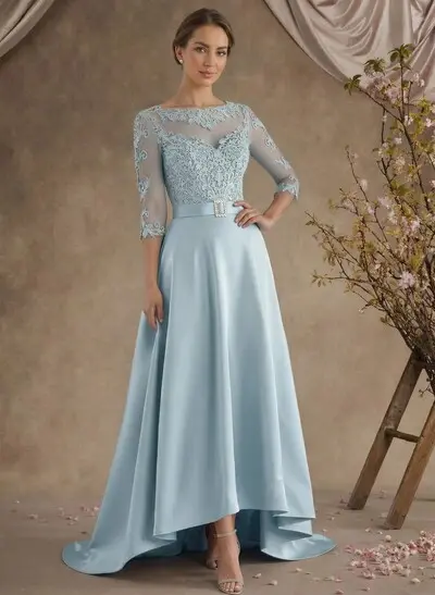 A-Line Illusion Neck 3/4 Sleeves Asymmetrical Mother Of The Bride