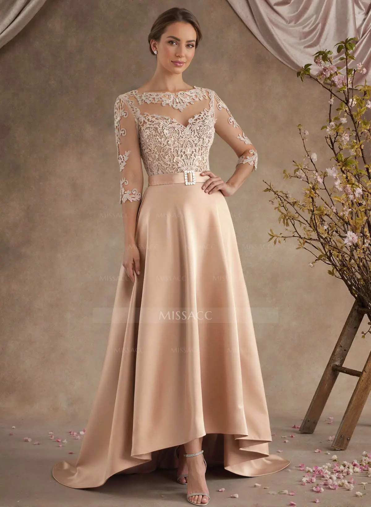 A-Line Illusion Neck 3/4 Sleeves Asymmetrical Mother Of The Bride