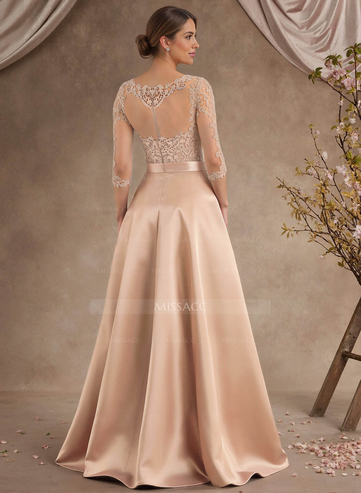 A-Line Illusion Neck 3/4 Sleeves Asymmetrical Mother Of The Bride Dresses With Appliques Lace/Sash