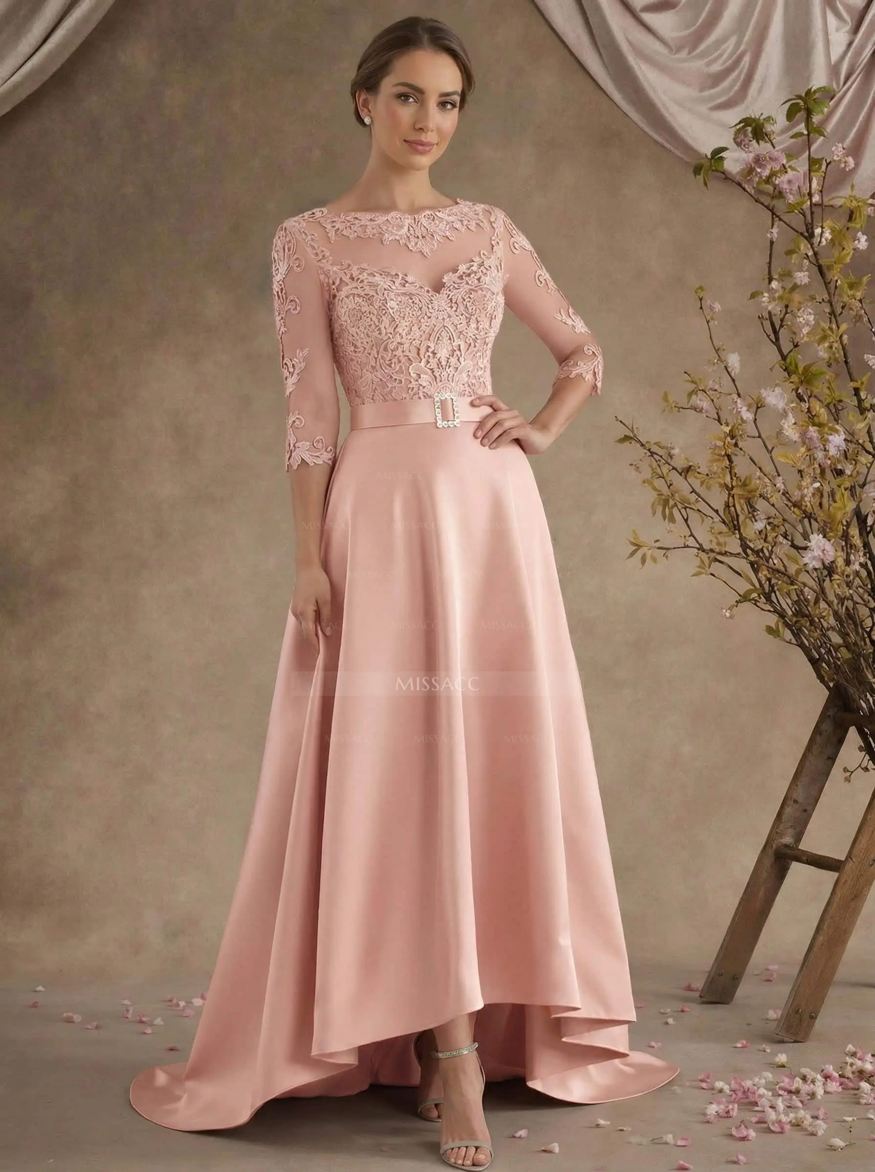 A-Line Illusion Neck 3/4 Sleeves Asymmetrical Mother Of The Bride Dresses With Appliques Lace/Sash - Missacc Italy A-Line Illusion Neck 3/4 Sleeves Asymmetrical Mother Of The Bride Dresses With Appliques Lace/Sash - Missacc Italy