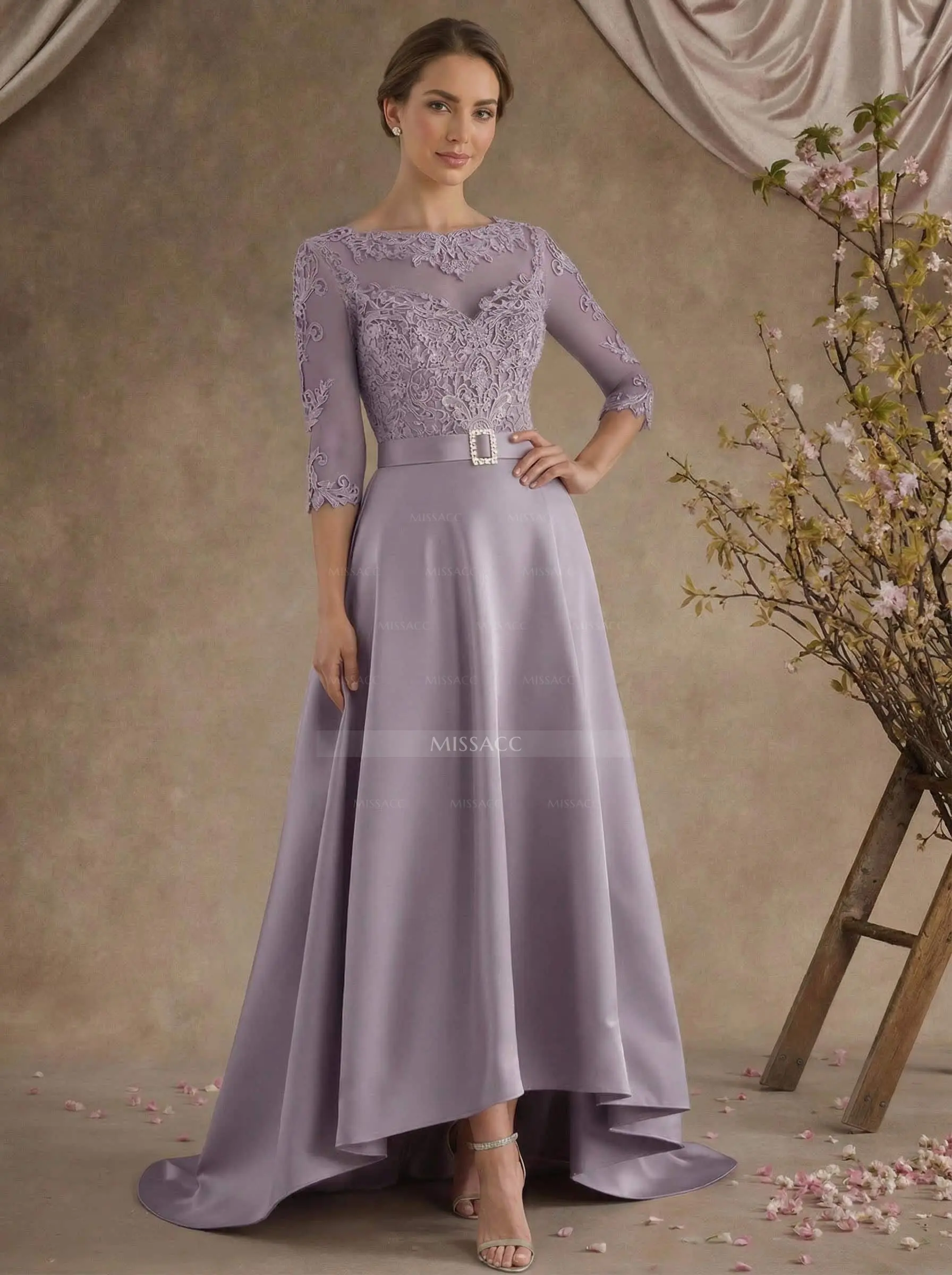 A-Line Illusion Neck 3/4 Sleeves Asymmetrical Mother Of The Bride Dresses  With Appliques Lace/Sash - Missacc Italy
