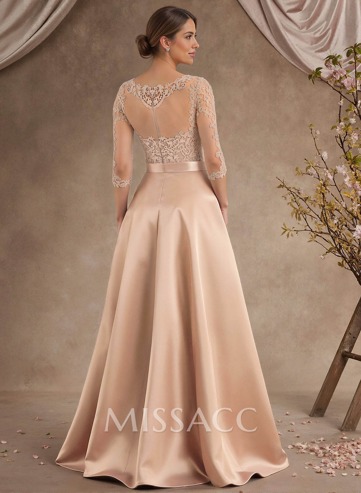 A-Line Illusion Neck 3/4 Sleeves Asymmetrical Mother Of The Bride Dresses With Appliques Lace/Sash