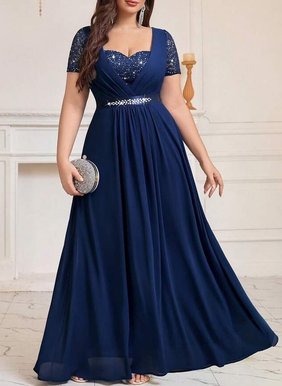Elegant Sweetheart Short Sleeves A-Line Floor-Length Chiffon/Lace Evening Dresses With Sequins/Rhinestone
