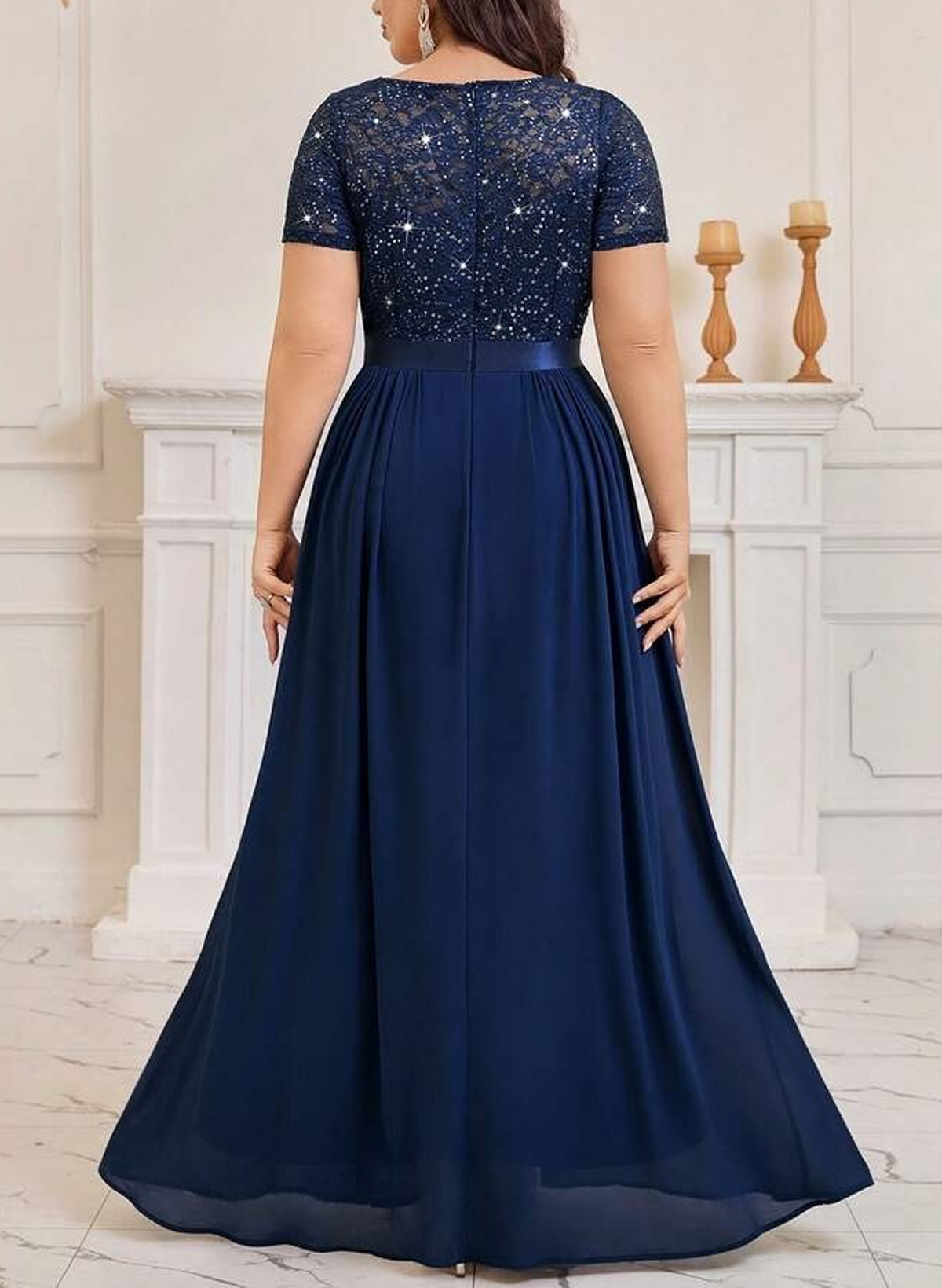 Elegant Sweetheart Short Sleeves A-Line Floor-Length Chiffon/Lace Evening Dresses With Sequins/Rhinestone