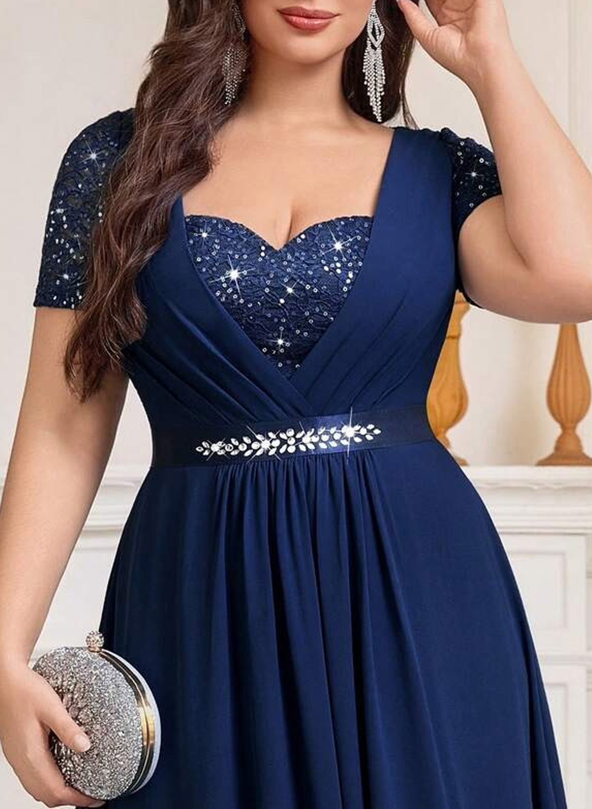 Elegant Sweetheart Short Sleeves A-Line Floor-Length Chiffon/Lace Evening Dresses With Sequins/Rhinestone