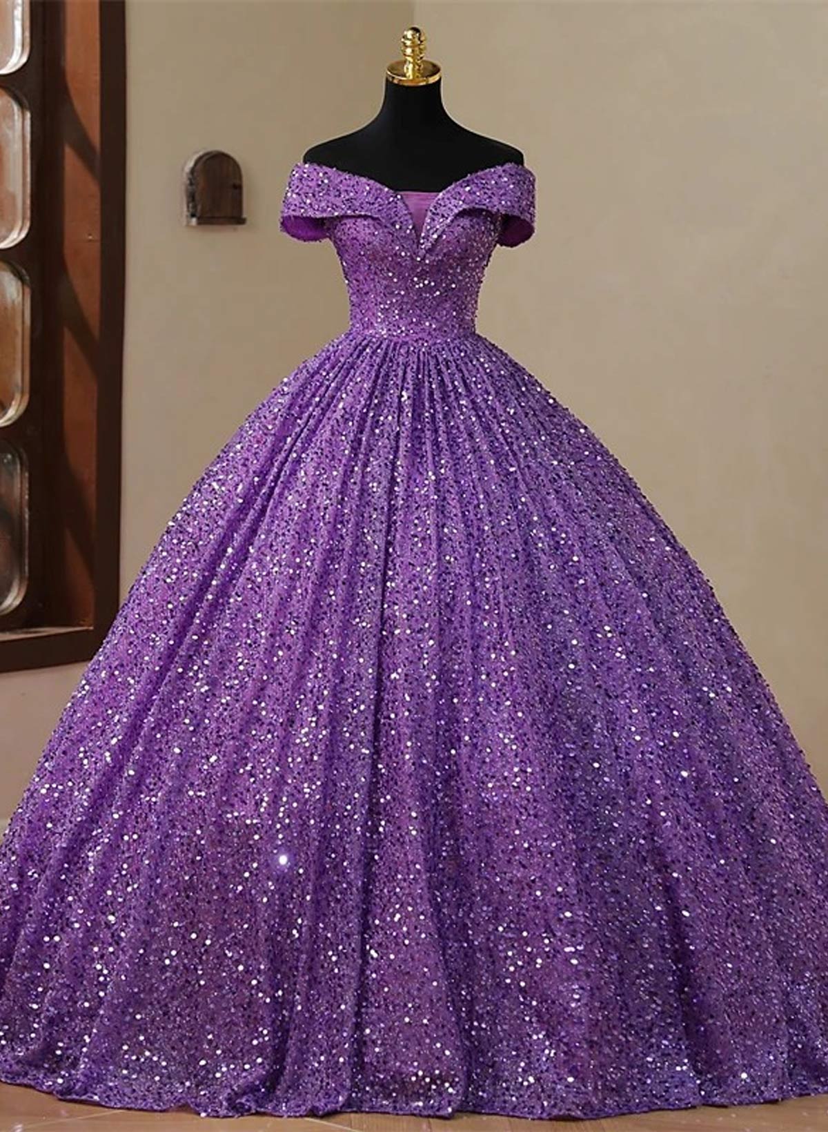 Sparkle & Shine Off-The-Shoulder Sleeveless Ball-Gown Floor-Length Sequined Prom Dresses