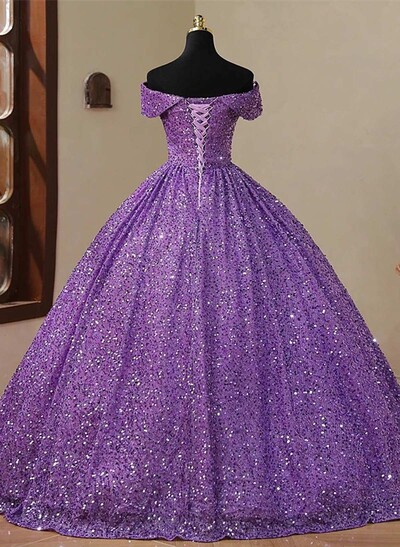 Sparkle & Shine Off-The-Shoulder Sleeveless Ball-Gown Floor-Length Sequined Prom Dresses
