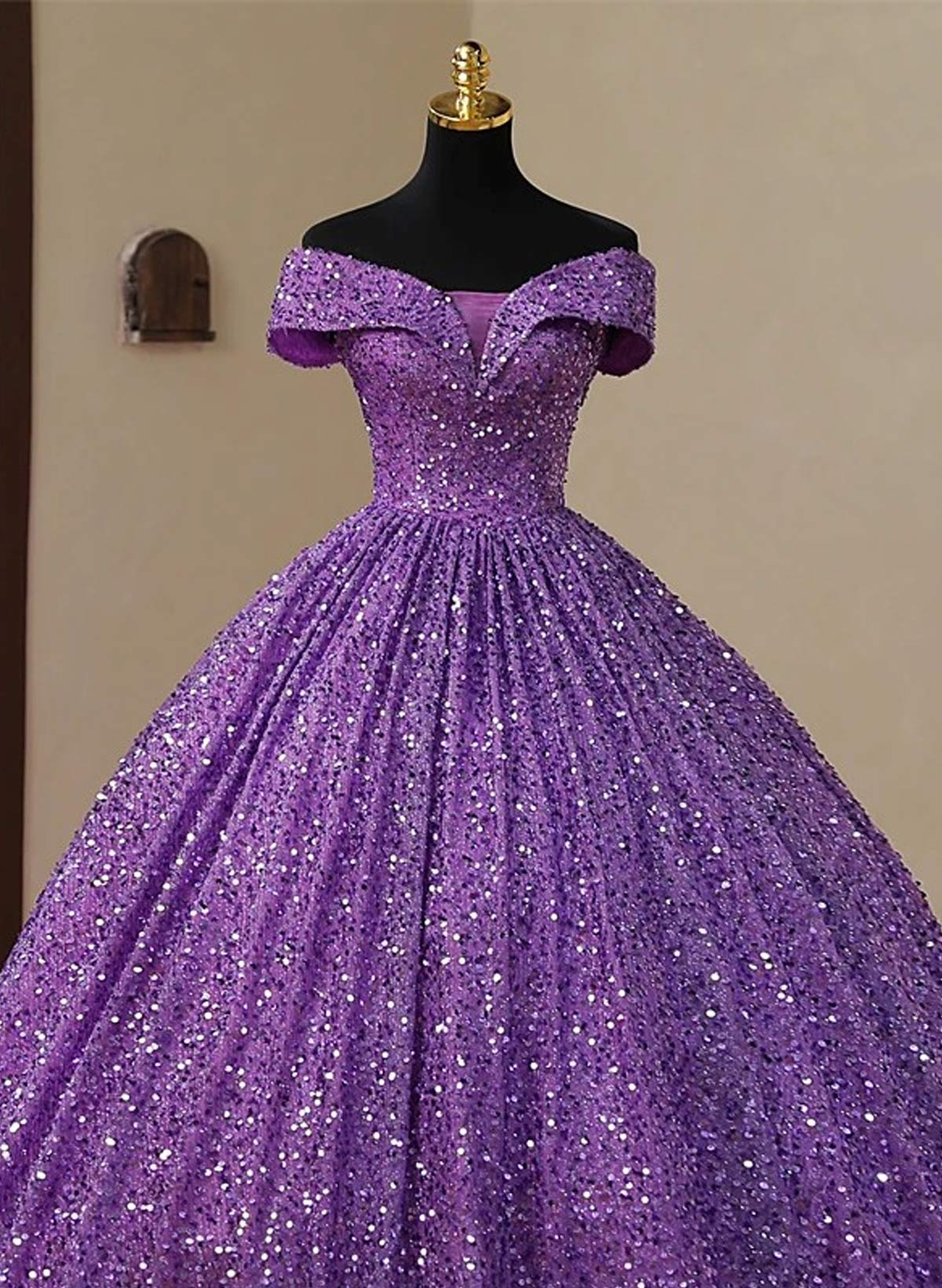 Sparkle & Shine Off-The-Shoulder Sleeveless Ball-Gown Floor-Length Sequined Prom Dresses