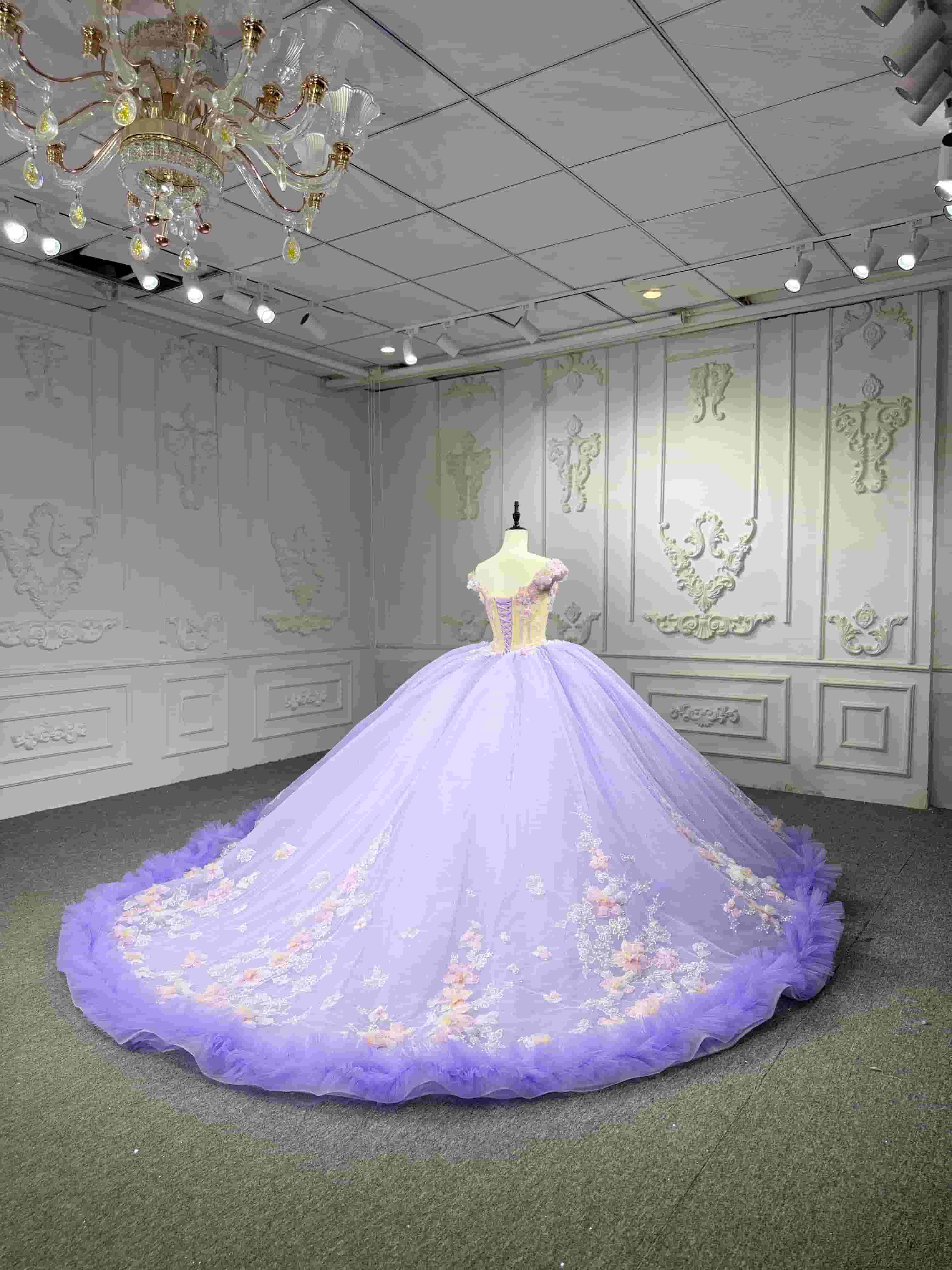 Dreamy Princess Ball Gown Off-Shoulder Collar Draping Prom Dress With Lace Up On Back