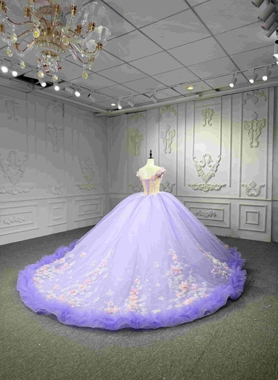 Dreamy Princess Ball Gown Off-Shoulder Collar Draping Prom Dress With Lace Up On Back