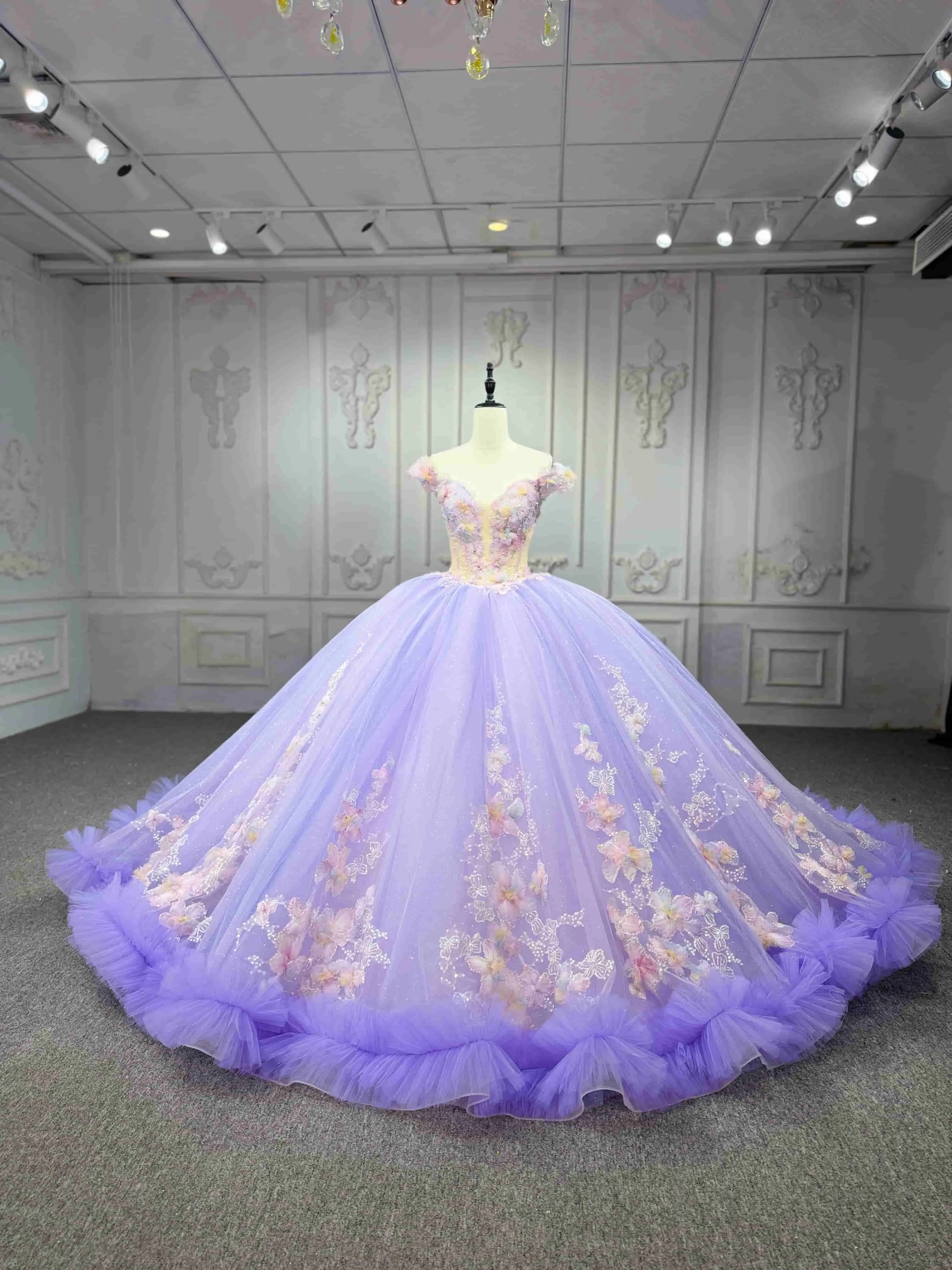 Dreamy Princess Ball Gown Off-Shoulder Collar Draping Prom Dress With Lace Up On Back