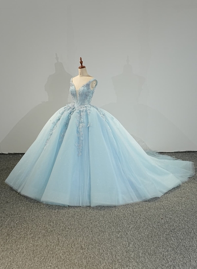 Ball-Gown Plunge Neck Sleeveless Chapel Train Tulle Prom Dress With Beading/Lace
