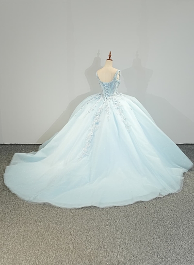 Ball-Gown Plunge Neck Sleeveless Chapel Train Tulle Prom Dress With Beading/Lace