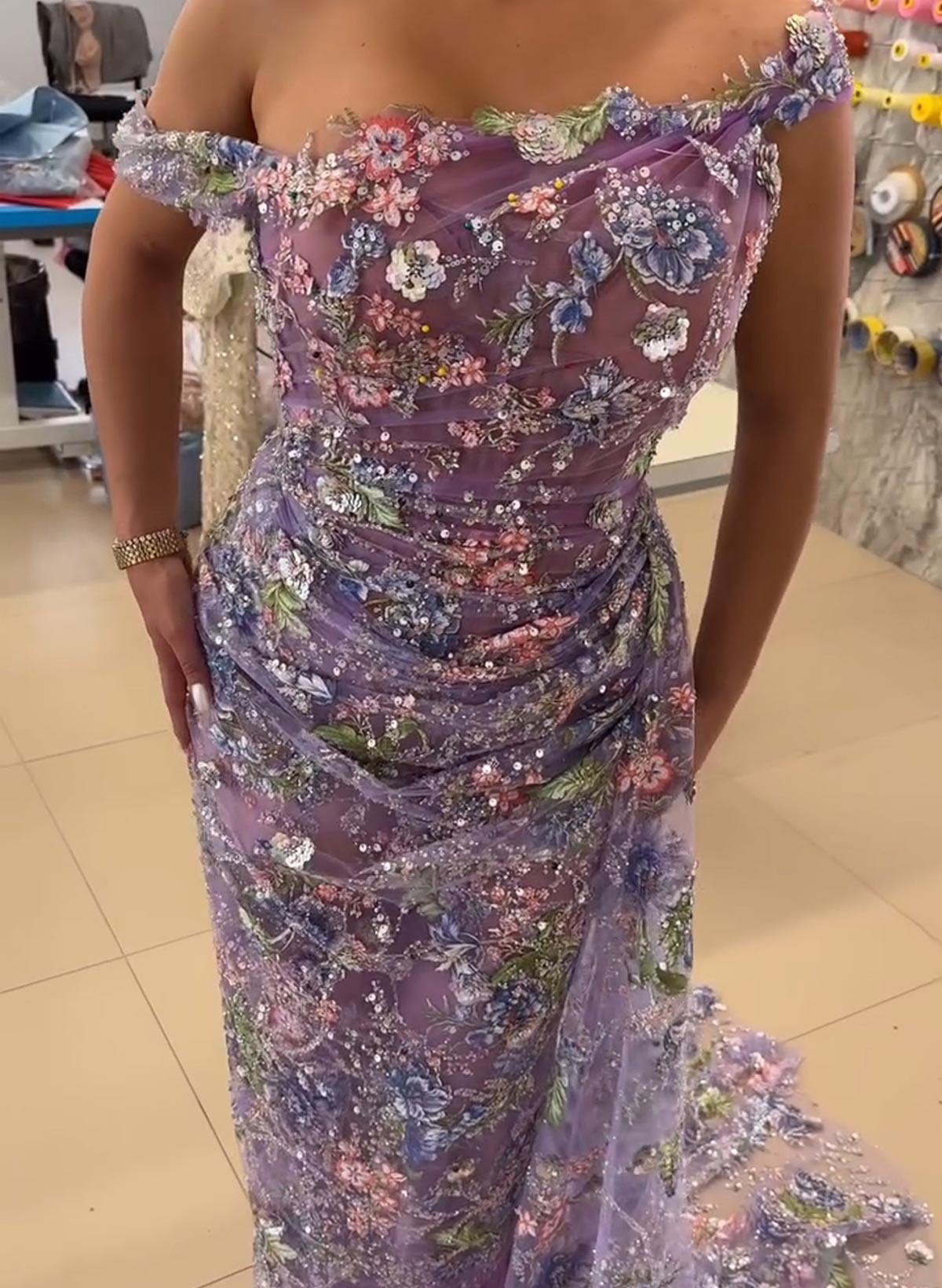 Sparkle & Shine Asymmetrical Neckline Sweep Train Lace Prom Dresses With Sequins/Flower(s)