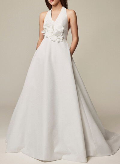 Elegant V-Neck Halter Sleeveless A-Line Sweep Train Wedding Dresses With Flower(s)