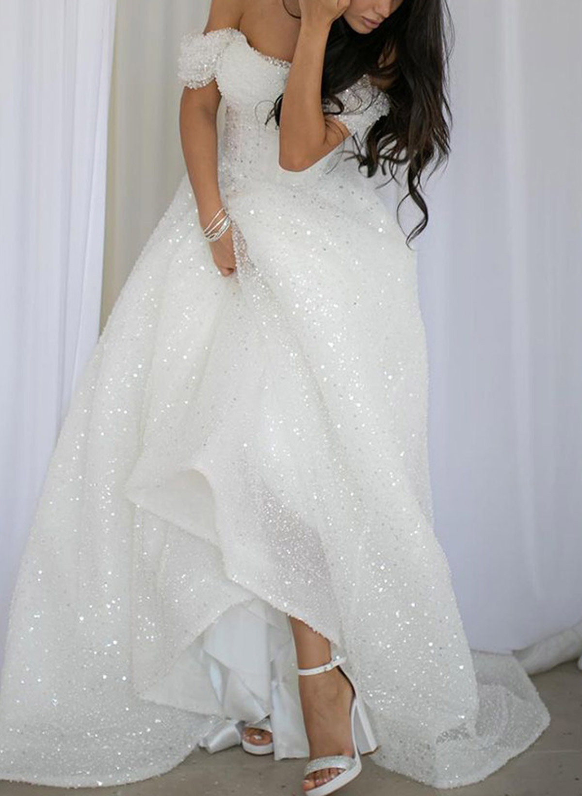 Sparkle & Shine Off-The-Shoulder Sleeveless A-Line Sweep Train Sequined Wedding Dresses