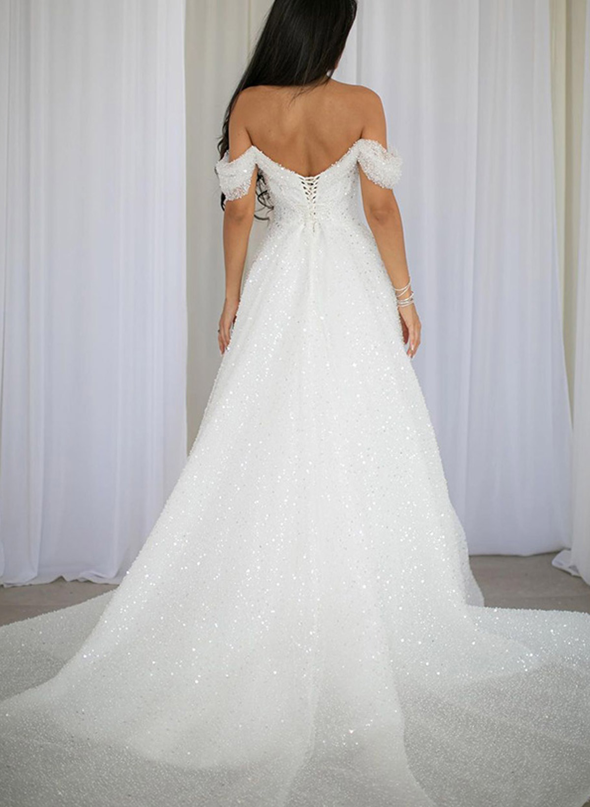 Sparkle & Shine Off-The-Shoulder Sleeveless A-Line Sweep Train Sequined Wedding Dresses