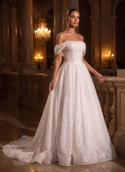 Sparkle & Shine Off-The-Shoulder Sleeveless A-Line Sweep Train Sequined Wedding Dresses