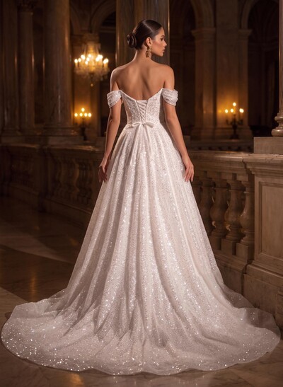 Sparkle & Shine Off-The-Shoulder Sleeveless A-Line Sweep Train Sequined Wedding Dresses