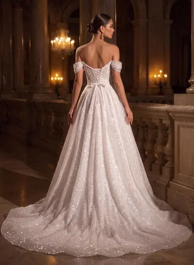 Sparkle & Shine Off-The-Shoulder Sleeveless A-Line Sweep Train Sequined Wedding Dresses
