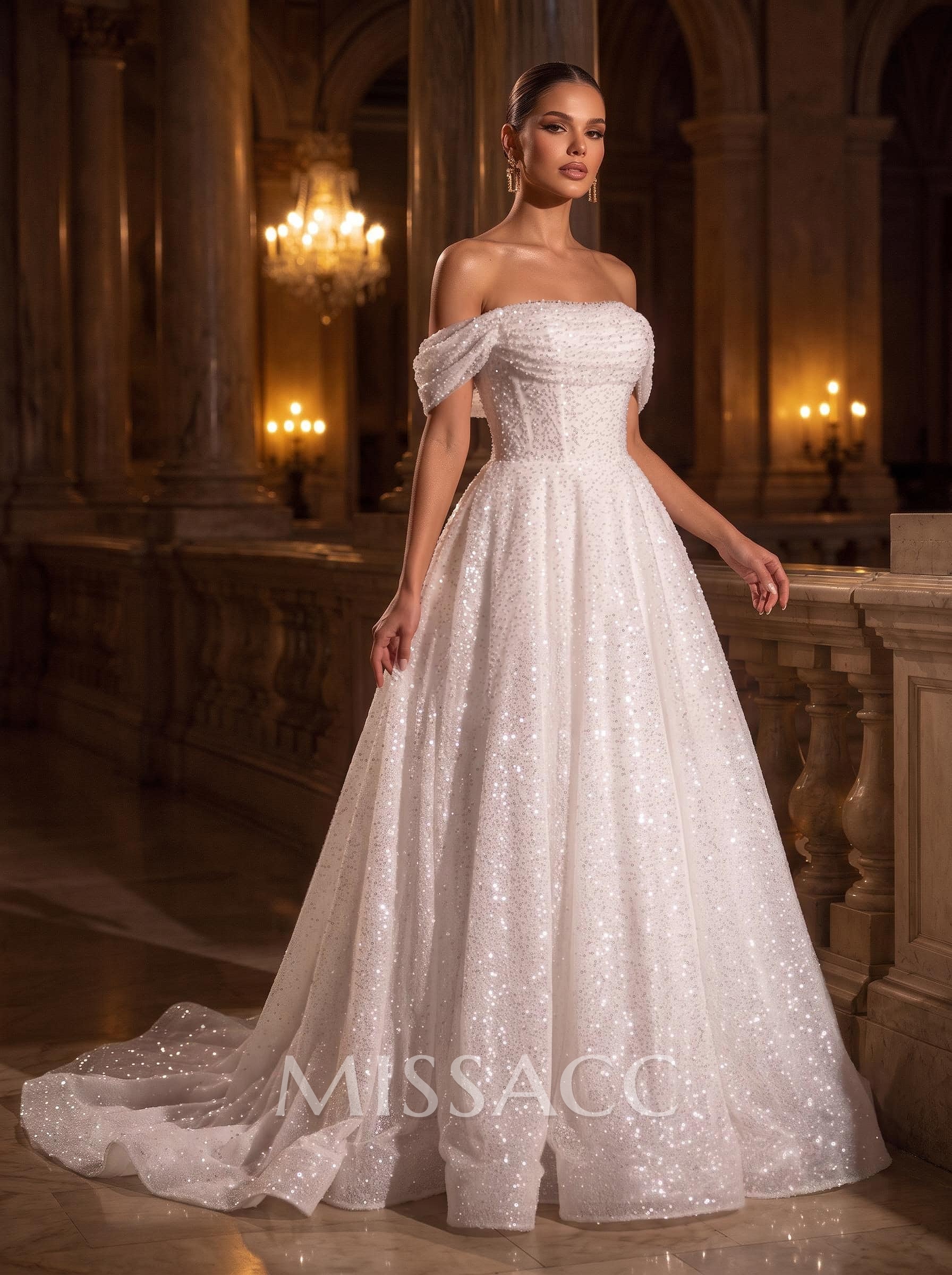 Sparkle & Shine Off-The-Shoulder Sleeveless A-Line Sweep Train Sequined Wedding Dresses Sparkle & Shine Off-The-Shoulder Sleeveless A-Line Sweep Train Sequined Wedding Dresses