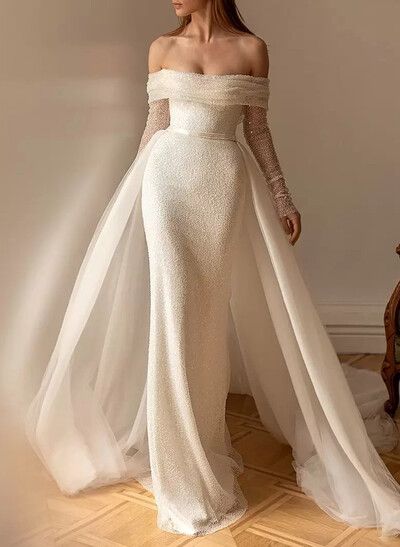 Sparkle & Shine Off-The-Shoulder Long Sleeves Detachable Overskirt Sequined Wedding Dresses