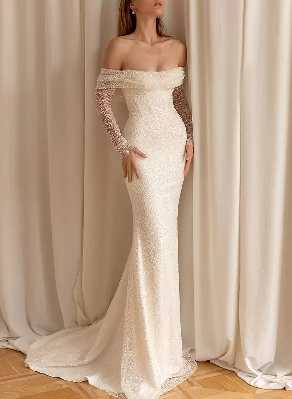Sparkle & Shine Off-The-Shoulder Long Sleeves Detachable Overskirt Sequined Wedding Dresses