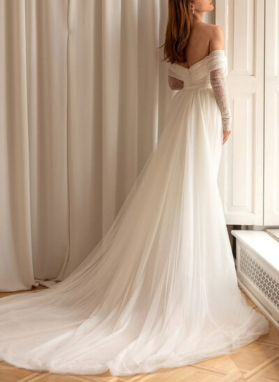 Sparkle & Shine Off-The-Shoulder Long Sleeves Detachable Overskirt Sequined Wedding Dresses