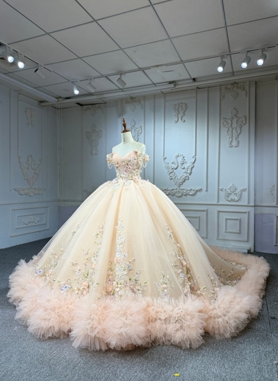 Ball-Gown Off-The-Shoulder Sleeveless Chapel Train Tulle Wedding Dresses With Ruffle/Beading
