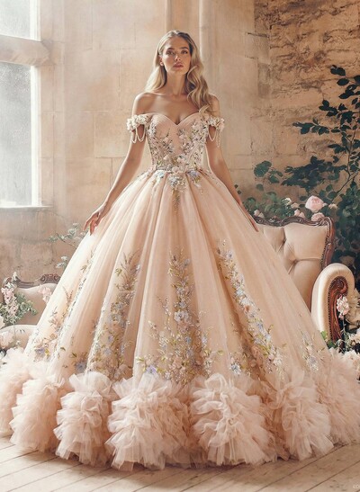 Ball-Gown Off-The-Shoulder Sleeveless Chapel Train Tulle Wedding Dresses With Ruffle/Beading