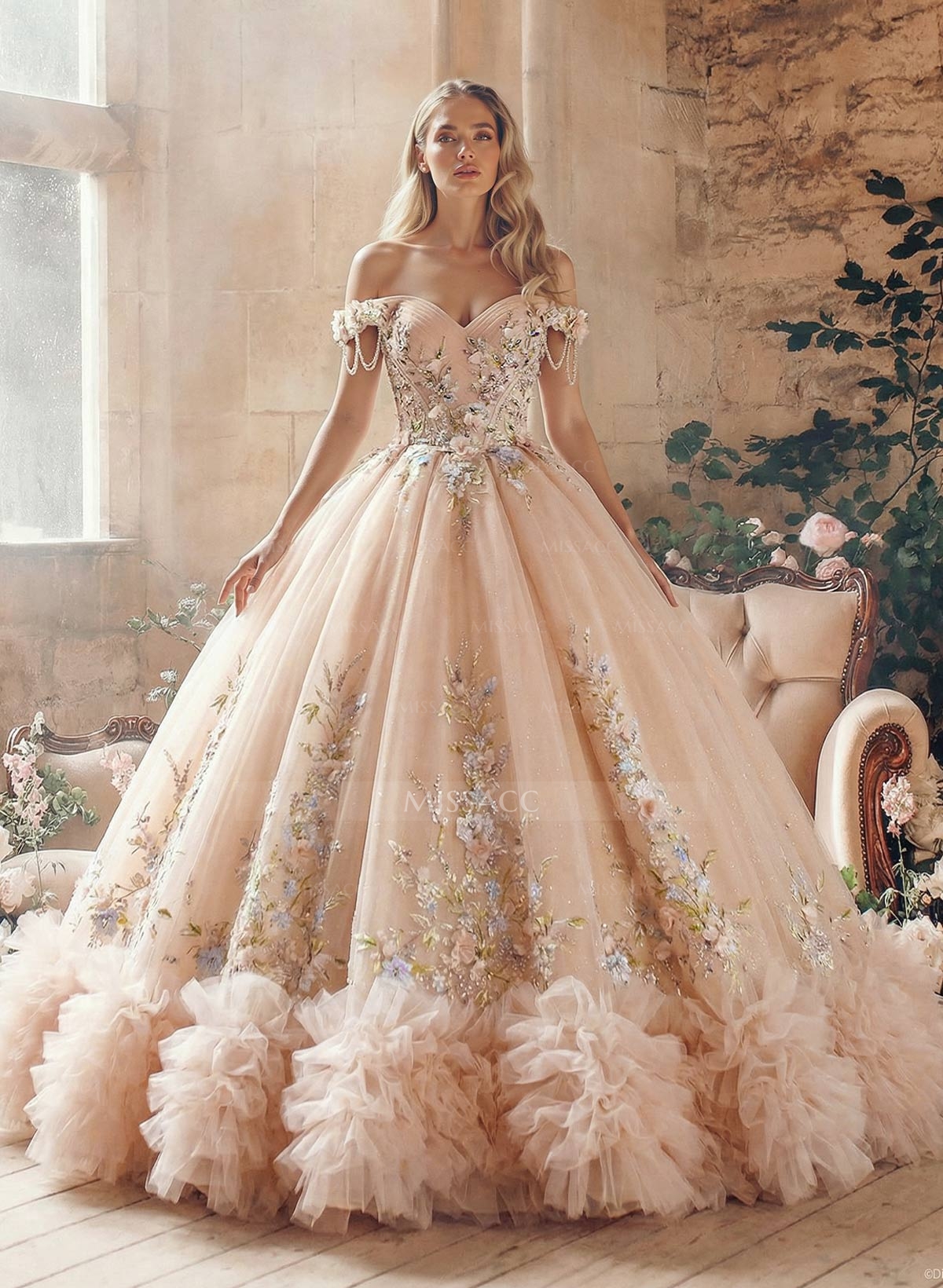 Ball-Gown Off-The-Shoulder Sleeveless Chapel Train Tulle Wedding Dresses With Ruffle/Beading