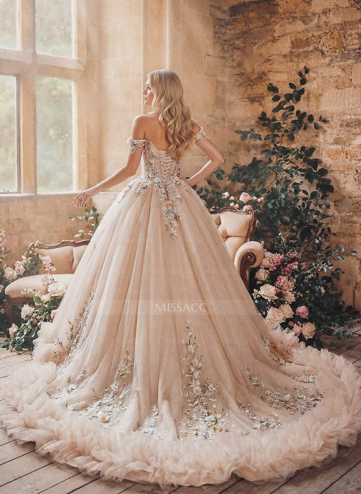 Ball-Gown Off-The-Shoulder Sleeveless Chapel Train Tulle Wedding Dresses With Ruffle/Beading