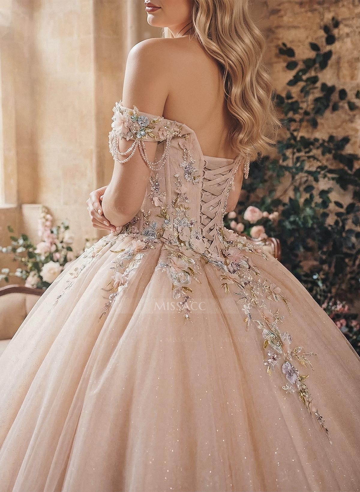 Ball-Gown Off-The-Shoulder Sleeveless Chapel Train Tulle Wedding Dresses With Ruffle/Beading