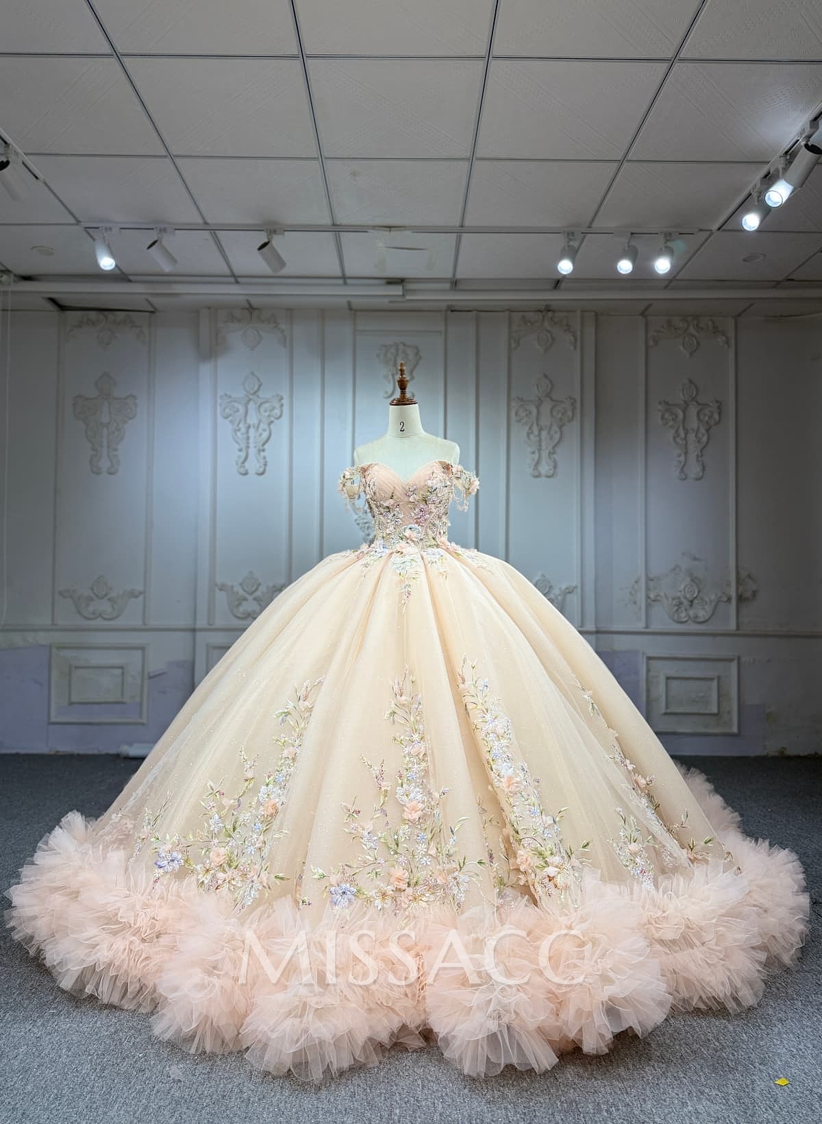 Ball-Gown Off-The-Shoulder Sleeveless Chapel Train Tulle Wedding Dresses With Ruffle/Beading