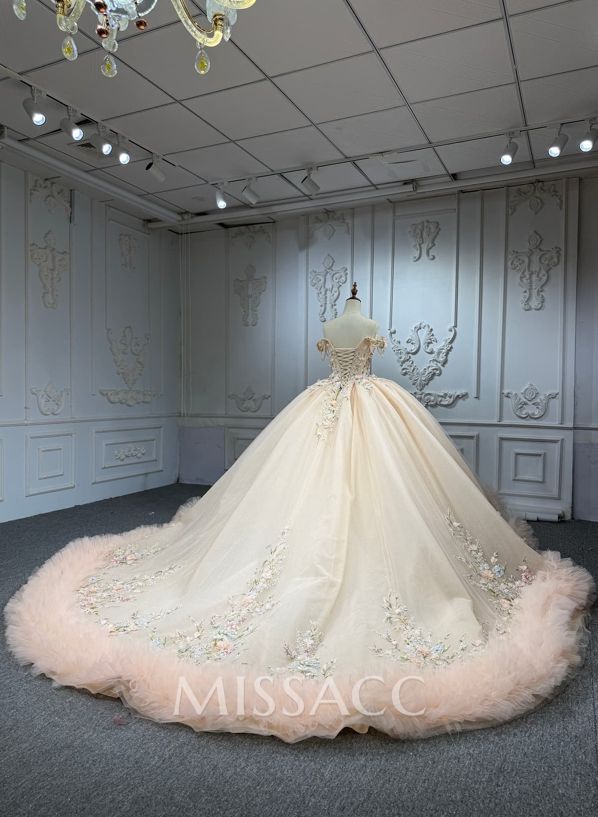 Ball-Gown Off-The-Shoulder Sleeveless Chapel Train Tulle Wedding Dresses With Ruffle/Beading