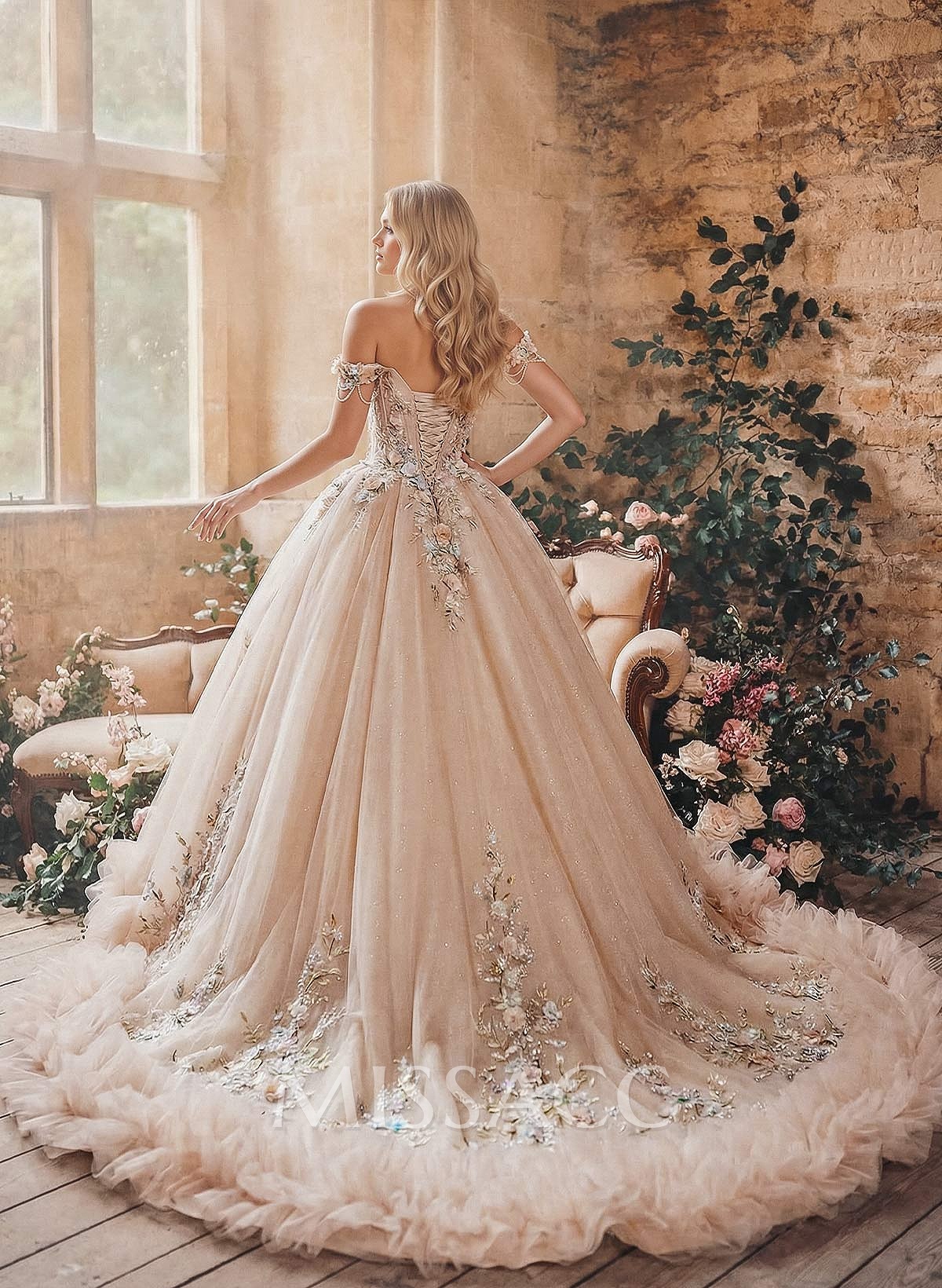 Ball-Gown Off-The-Shoulder Sleeveless Chapel Train Tulle Wedding Dresses With Ruffle/Beading