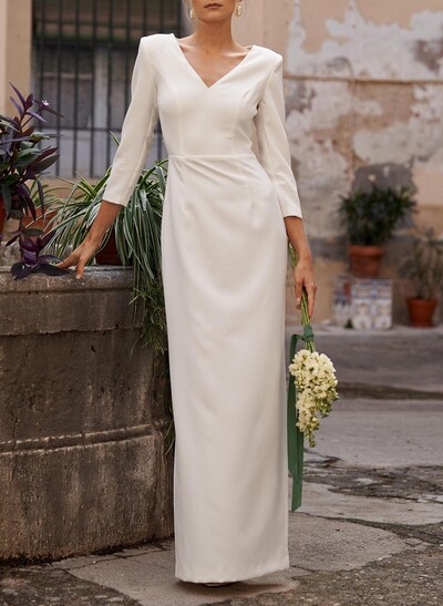 Elegant V-Neck 3/4 Sleeves Floor-Length Italian Satin Wedding Dresses With Back Hole/Back Slit