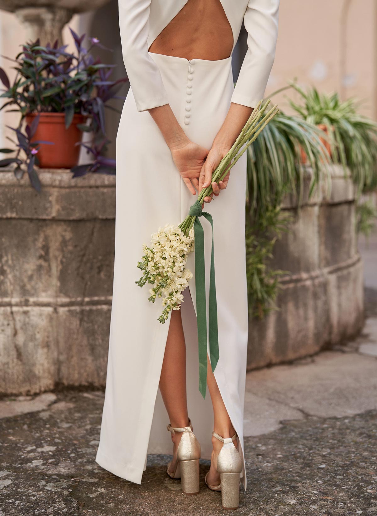 Elegant V-Neck 3/4 Sleeves Floor-Length Italian Satin Wedding Dresses With Back Hole/Back Slit