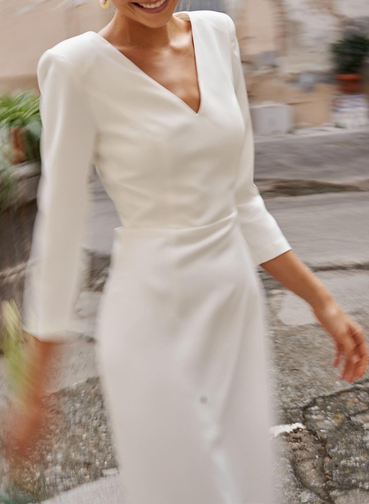 Elegant V-Neck 3/4 Sleeves Floor-Length Italian Satin Wedding Dresses With Back Hole/Back Slit