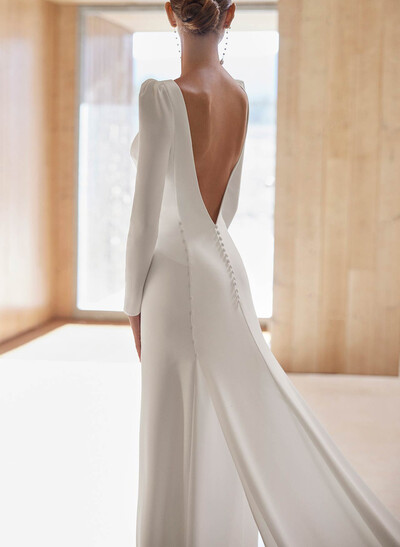 Elegant Scoop Neck Long Sleeves Open Back Chapel Train Elastic Satin Wedding Dresses