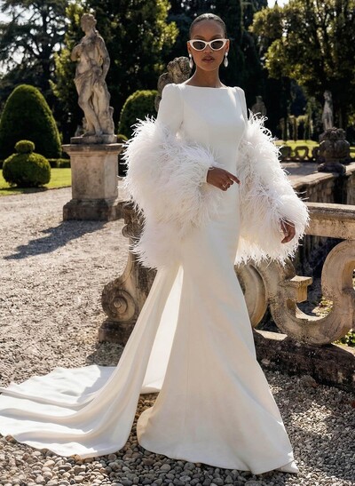 Elegant Scoop Neck Long Sleeves Open Back Chapel Train Elastic Satin Wedding Dresses