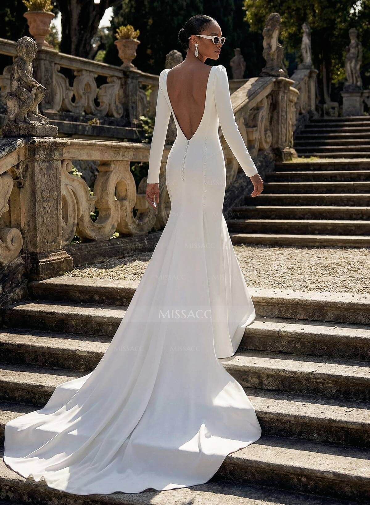 Elegant Scoop Neck Long Sleeves Open Back Chapel Train Elastic Satin Wedding Dresses