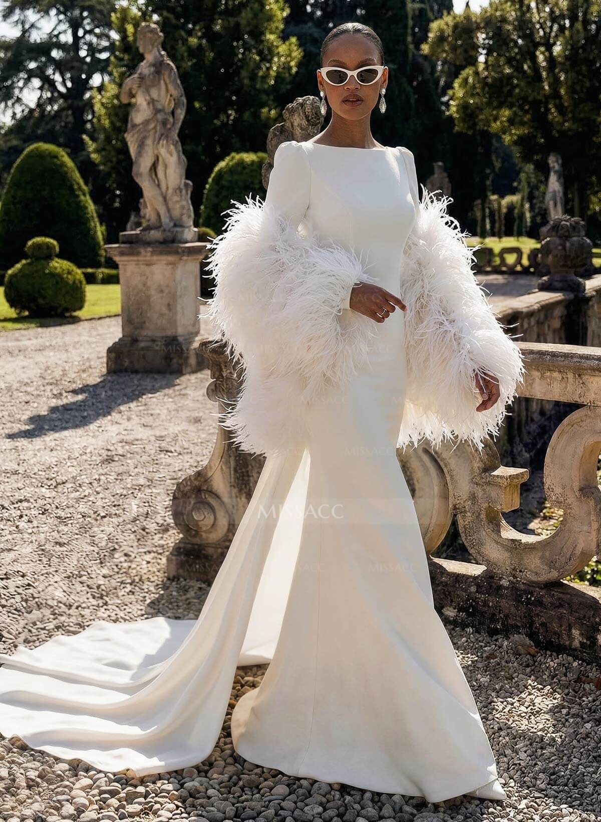 Elegant Scoop Neck Long Sleeves Open Back Chapel Train Elastic Satin Wedding Dresses